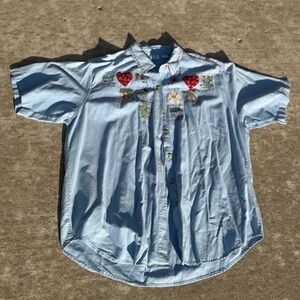Vintage Mystic Blues Chambray Embroidered Button Up Shirt 22W Cottagecore